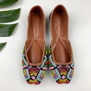 Slix Hand Embroidered Beaded Khussa Flats Brown Leather Women's US 8 Boho